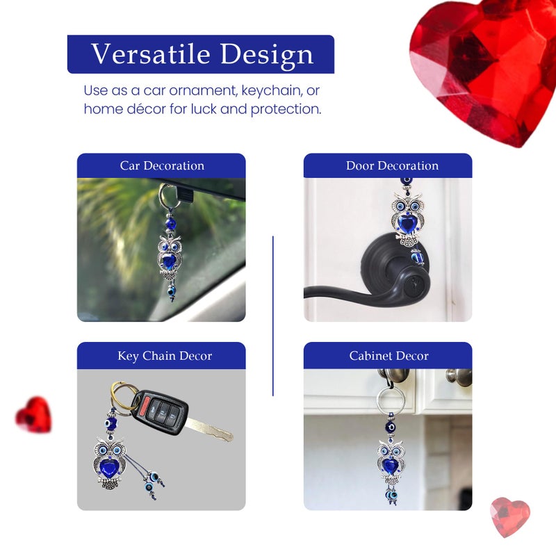 LUCKBOOSTIUM Owl Evil Eye Protection Amulet - Evil Eye Keychain with Blue Crystal Beads, Sign of Good Fortune & Blessing - Car Rear View Mirror Accessories, Home and Office Decor, Bag & Purse Charm - Image 4